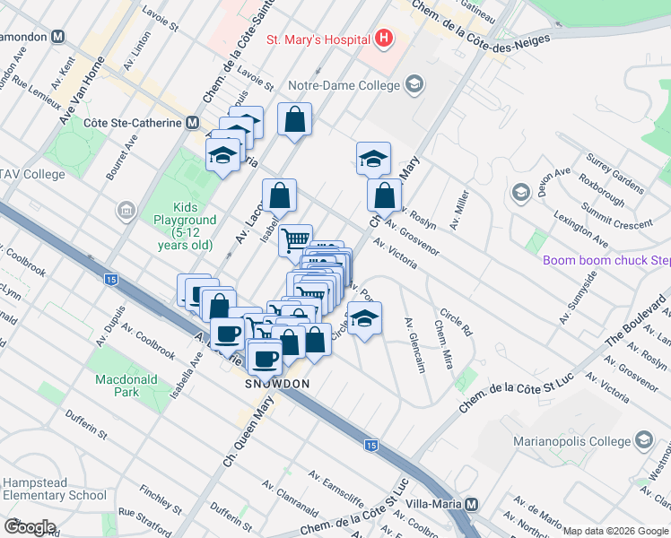 map of restaurants, bars, coffee shops, grocery stores, and more near 4885 Chemin Queen Mary in Montréal