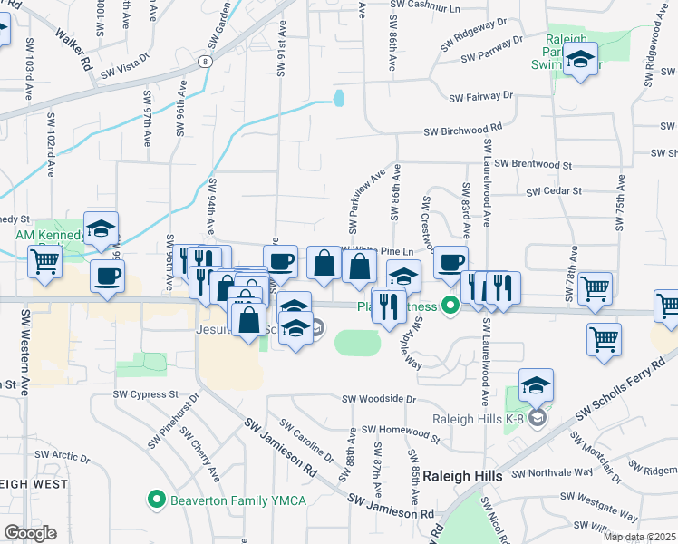 map of restaurants, bars, coffee shops, grocery stores, and more near 8900 Southwest Whitepine Lane in Portland