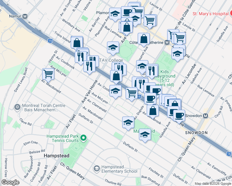 map of restaurants, bars, coffee shops, grocery stores, and more near 5819 Avenue Coolbrook in Montréal