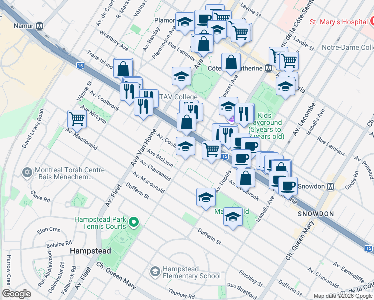 map of restaurants, bars, coffee shops, grocery stores, and more near 5817 Avenue Coolbrook in Montréal