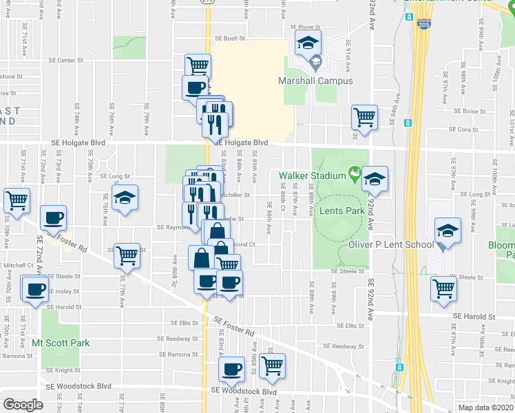 map of restaurants, bars, coffee shops, grocery stores, and more near 4830 Southeast 85th Avenue in Portland