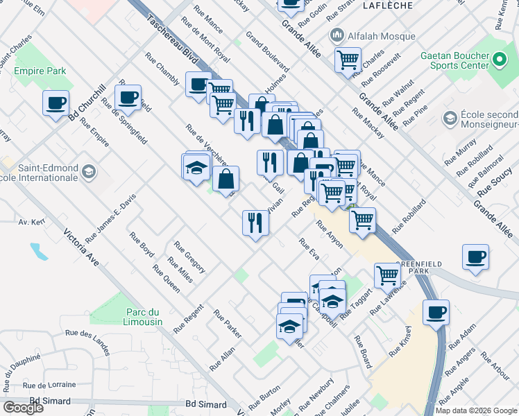 map of restaurants, bars, coffee shops, grocery stores, and more near 572 Rue Patricia in Longueuil