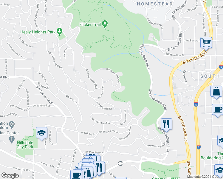 map of restaurants, bars, coffee shops, grocery stores, and more near 1206 Southwest Hessler Drive in Portland