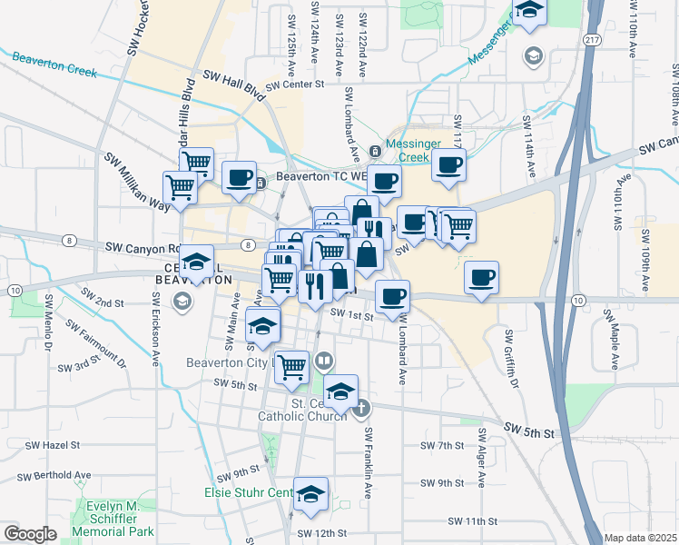 map of restaurants, bars, coffee shops, grocery stores, and more near 12350 Southwest Broadway Street in Beaverton