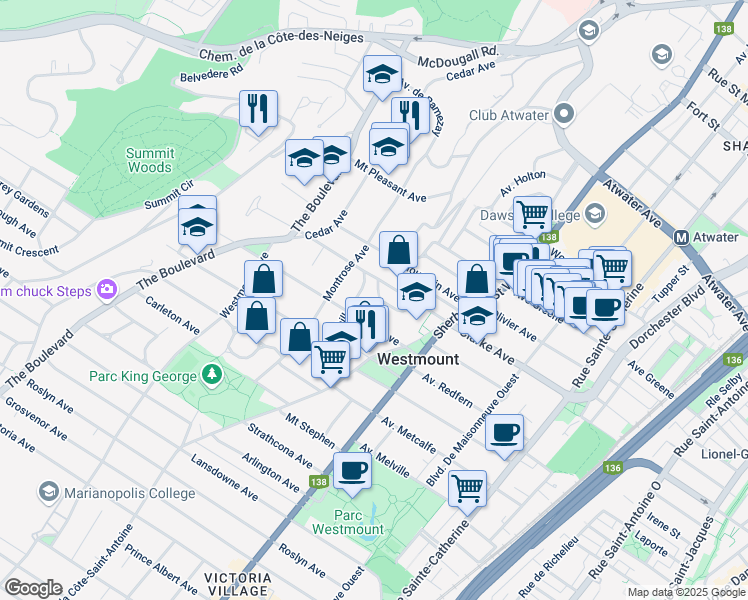 map of restaurants, bars, coffee shops, grocery stores, and more near in Westmount