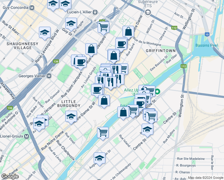 map of restaurants, bars, coffee shops, grocery stores, and more near 377 Rue des Seigneurs in Montréal
