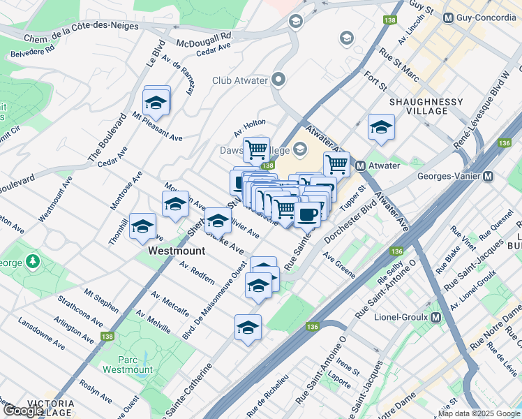 map of restaurants, bars, coffee shops, grocery stores, and more near 1334 Avenue Greene in Westmount