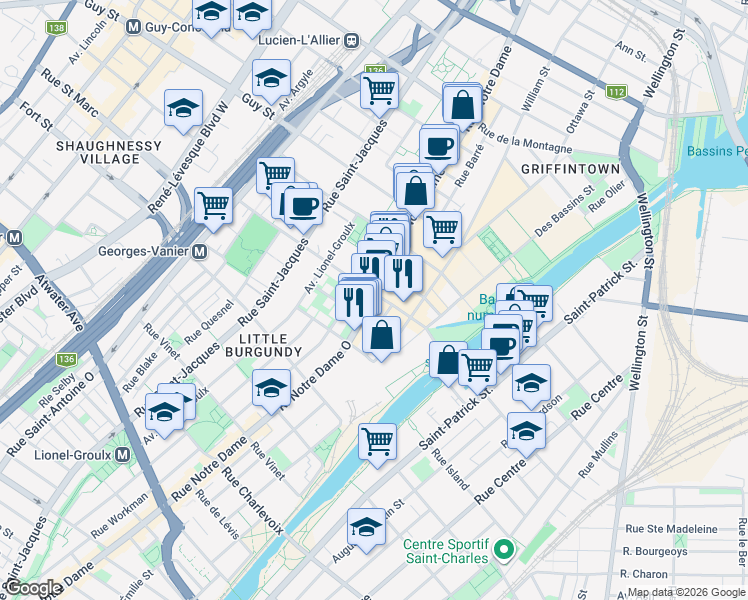 map of restaurants, bars, coffee shops, grocery stores, and more near 1874 Rue Notre-Dame Ouest in Montreal