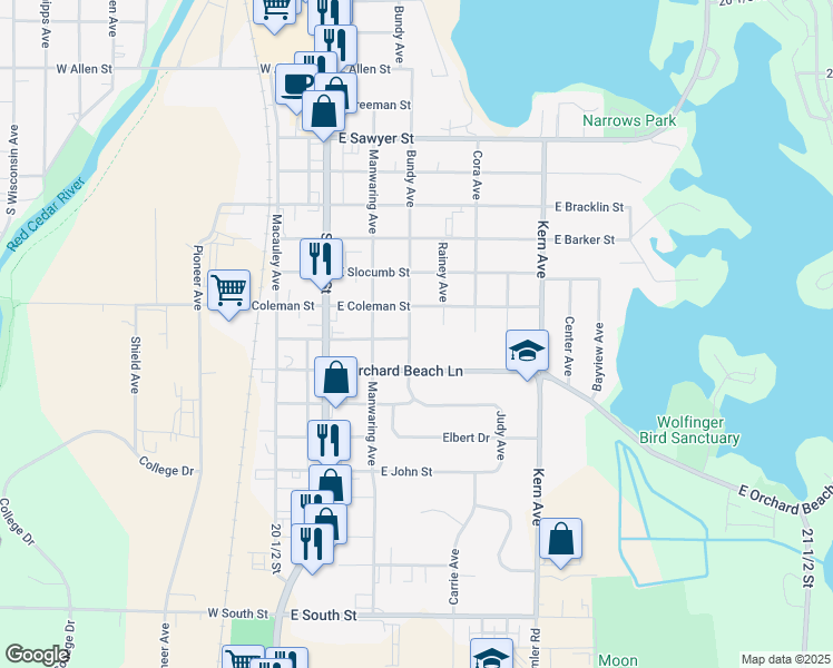 map of restaurants, bars, coffee shops, grocery stores, and more near 1231 Bundy Avenue in Rice Lake