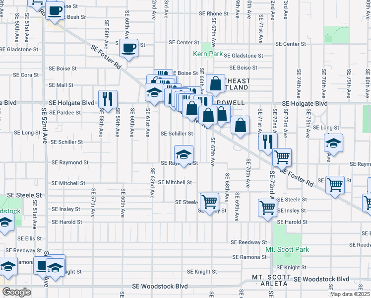 map of restaurants, bars, coffee shops, grocery stores, and more near 4848 Southeast 64th Avenue in Portland