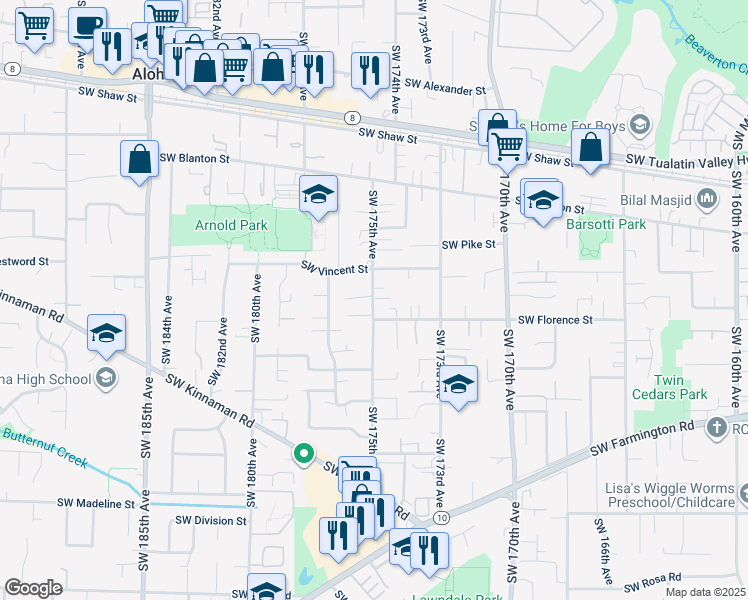 map of restaurants, bars, coffee shops, grocery stores, and more near 4455 Southwest Althea Lane in Aloha