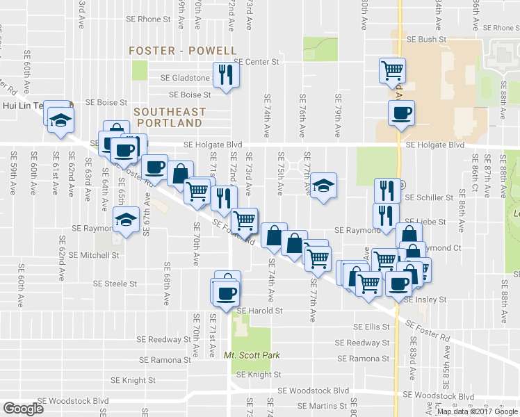 map of restaurants, bars, coffee shops, grocery stores, and more near 4921 Southeast 74th Avenue in Portland