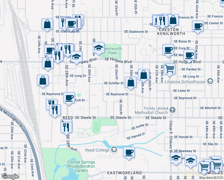 map of restaurants, bars, coffee shops, grocery stores, and more near 4912 Southeast 33rd Avenue in Portland