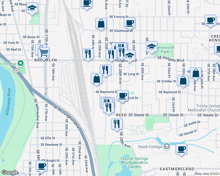 map of restaurants, bars, coffee shops, grocery stores, and more near 2715 Southeast Raymond Street in Portland