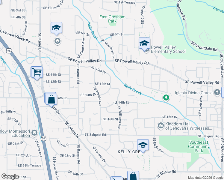 map of restaurants, bars, coffee shops, grocery stores, and more near 4356 Southeast 12th Street in Gresham