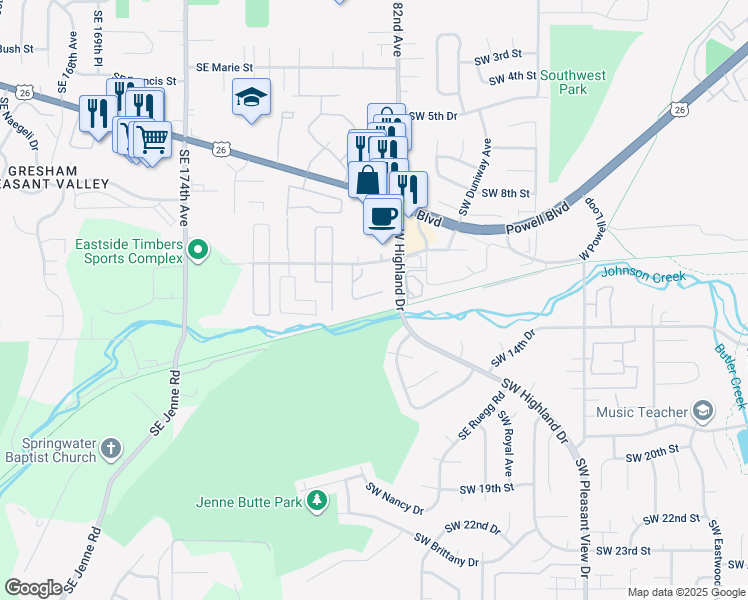 map of restaurants, bars, coffee shops, grocery stores, and more near 4532 Southwest 11th Street in Gresham
