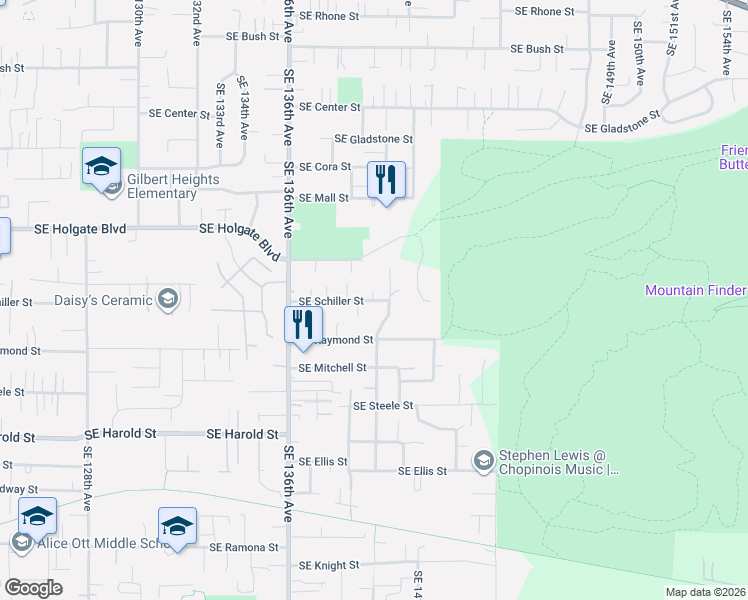 map of restaurants, bars, coffee shops, grocery stores, and more near 13936 Southeast Schiller Street in Portland