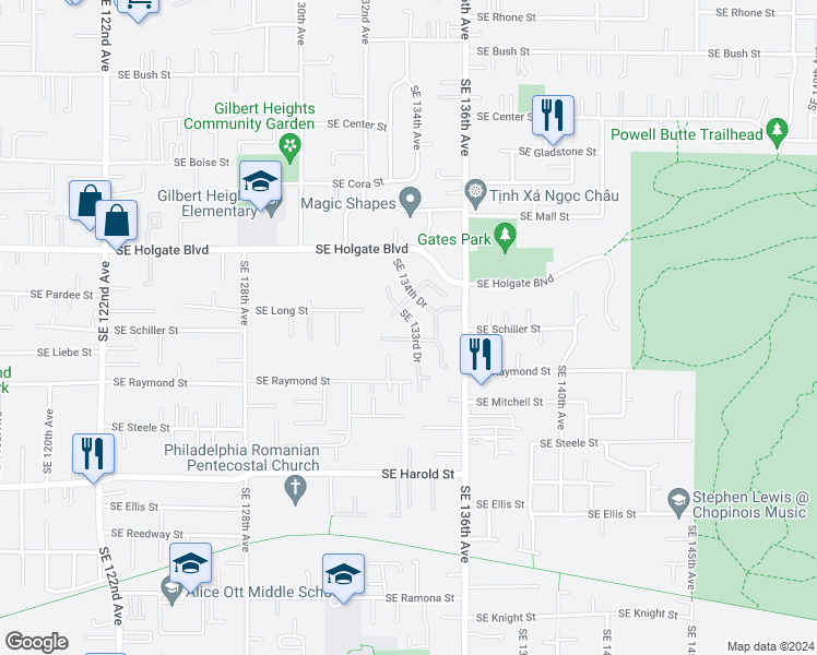 map of restaurants, bars, coffee shops, grocery stores, and more near 4745 Southeast 133rd Drive in Portland
