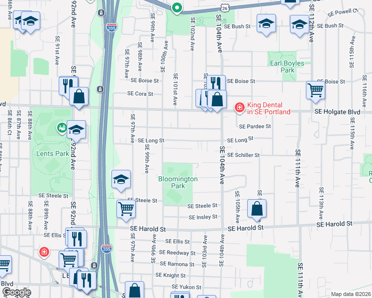 map of restaurants, bars, coffee shops, grocery stores, and more near 10132 Southeast Schiller Street in Portland
