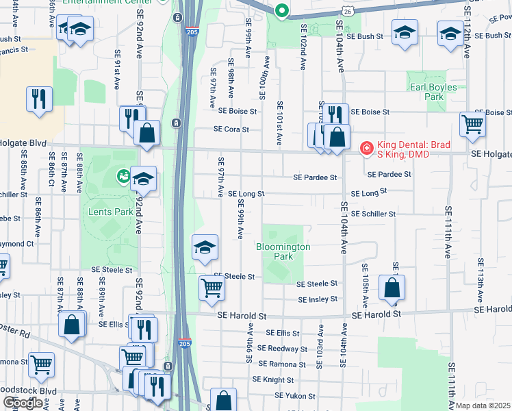 map of restaurants, bars, coffee shops, grocery stores, and more near 4736 Southeast 99th Avenue in Portland