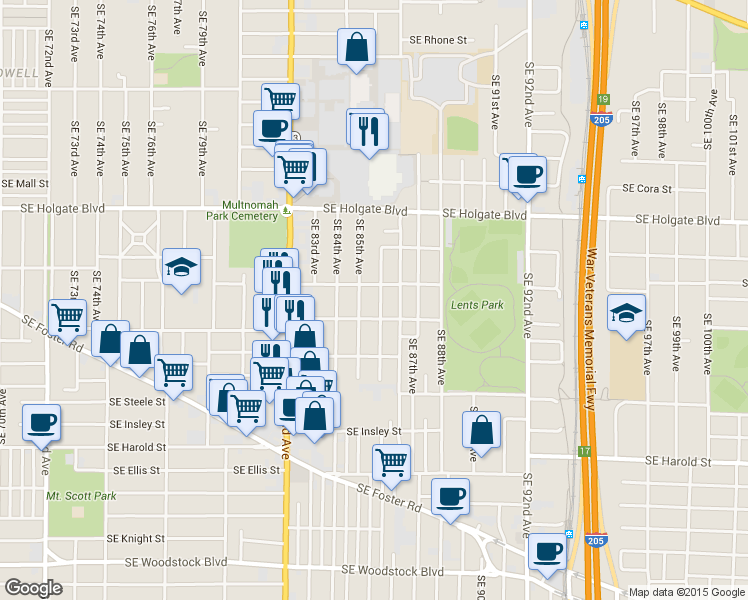 map of restaurants, bars, coffee shops, grocery stores, and more near 4830 Southeast 85th Avenue in Portland