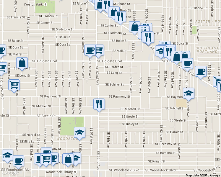 map of restaurants, bars, coffee shops, grocery stores, and more near 5410 Southeast Schiller Street in Portland