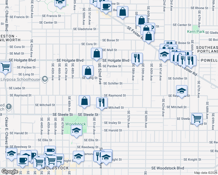 map of restaurants, bars, coffee shops, grocery stores, and more near 5410 Southeast Schiller Street in Portland