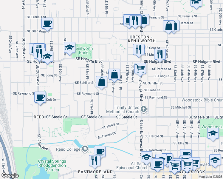 map of restaurants, bars, coffee shops, grocery stores, and more near 4848 Southeast 36th Avenue in Portland