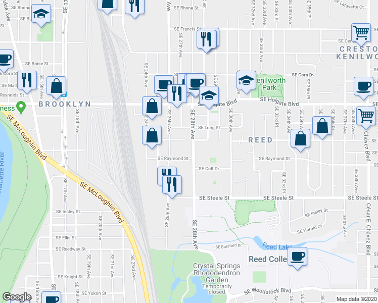 map of restaurants, bars, coffee shops, grocery stores, and more near 2715 Southeast Raymond Street in Portland