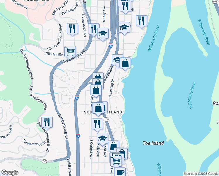 map of restaurants, bars, coffee shops, grocery stores, and more near 4980 South Landing Drive in Portland