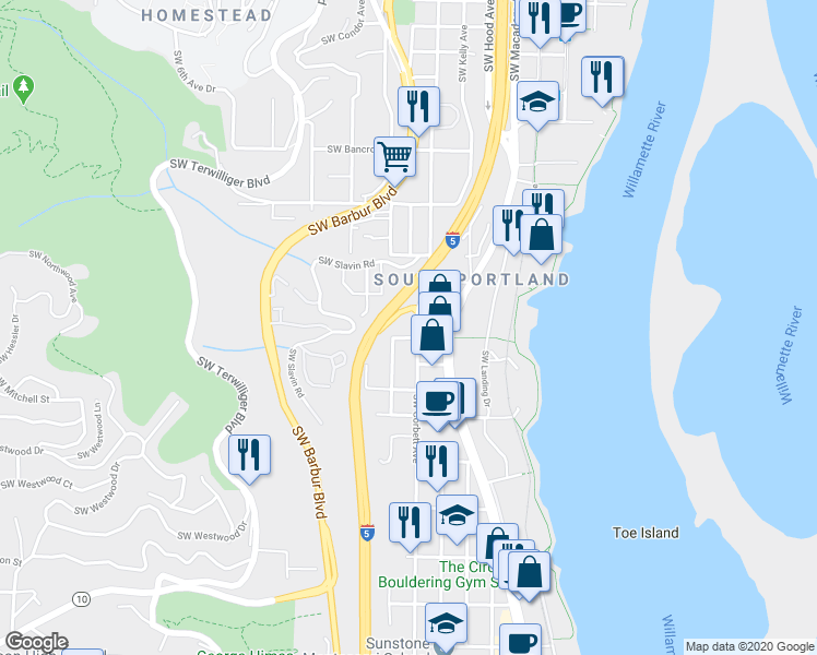 map of restaurants, bars, coffee shops, grocery stores, and more near 05 Southwest Richardson Street in Portland