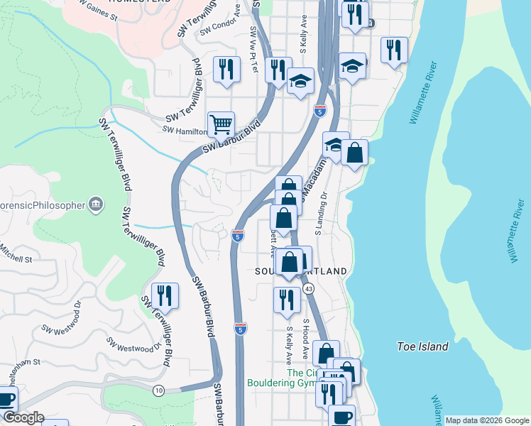 map of restaurants, bars, coffee shops, grocery stores, and more near 05 Southwest Richardson Street in Portland