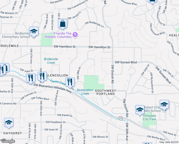 map of restaurants, bars, coffee shops, grocery stores, and more near 4917 Southwest 37th Avenue in Portland