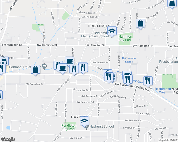 map of restaurants, bars, coffee shops, grocery stores, and more near 5001 Southwest Beaverton Hillsdale Highway in Portland
