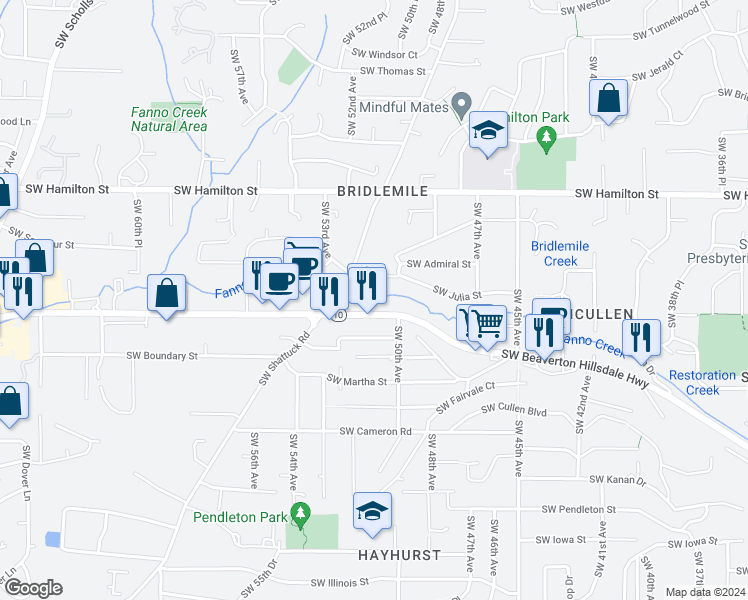map of restaurants, bars, coffee shops, grocery stores, and more near 5123 Southwest Beaverton Hillsdale Highway in Portland