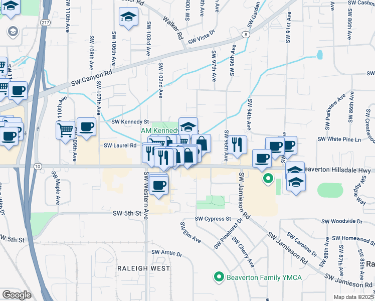 map of restaurants, bars, coffee shops, grocery stores, and more near 4525 Southwest 99th Avenue in Beaverton