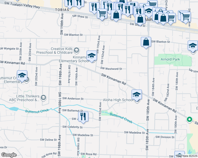 map of restaurants, bars, coffee shops, grocery stores, and more near 19220 Southwest Kinnaman Road in Beaverton