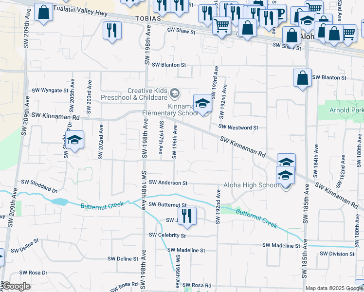 map of restaurants, bars, coffee shops, grocery stores, and more near 4460 Southwest 196th Avenue in Beaverton
