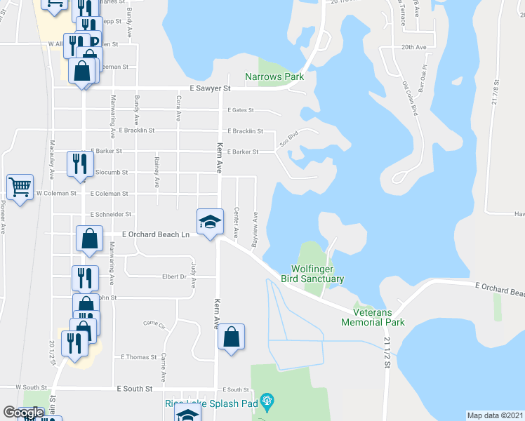 map of restaurants, bars, coffee shops, grocery stores, and more near 1229 Bayview Avenue in Rice Lake