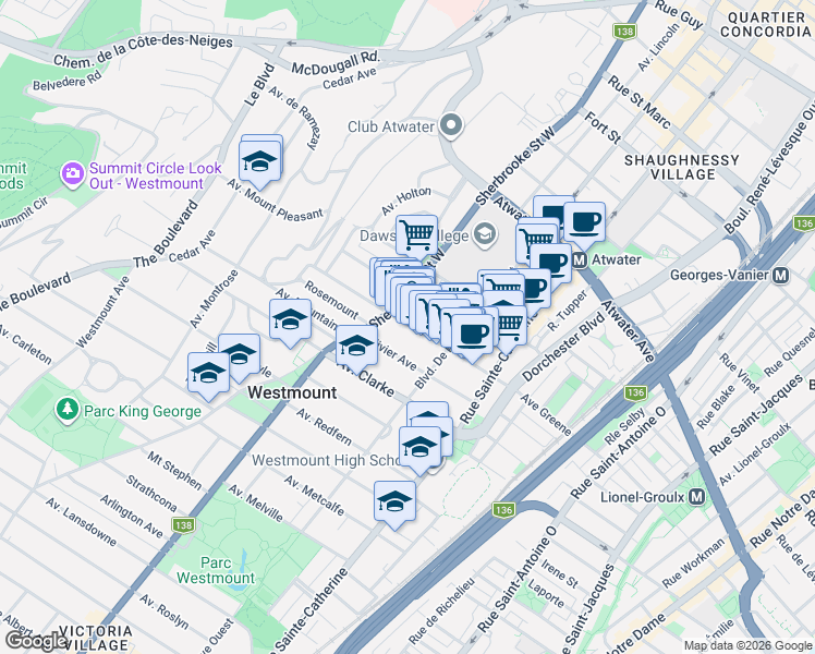 map of restaurants, bars, coffee shops, grocery stores, and more near 1366 Avenue Greene in Westmount