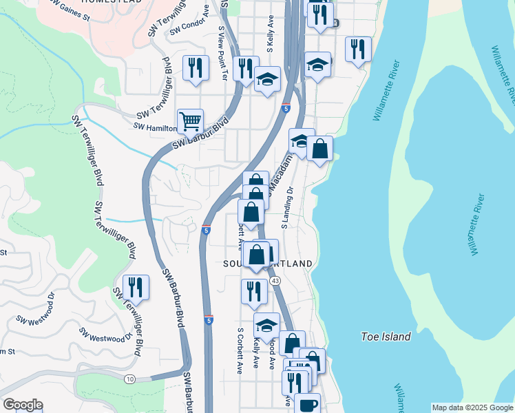 map of restaurants, bars, coffee shops, grocery stores, and more near 4949 South Macadam Avenue in Portland