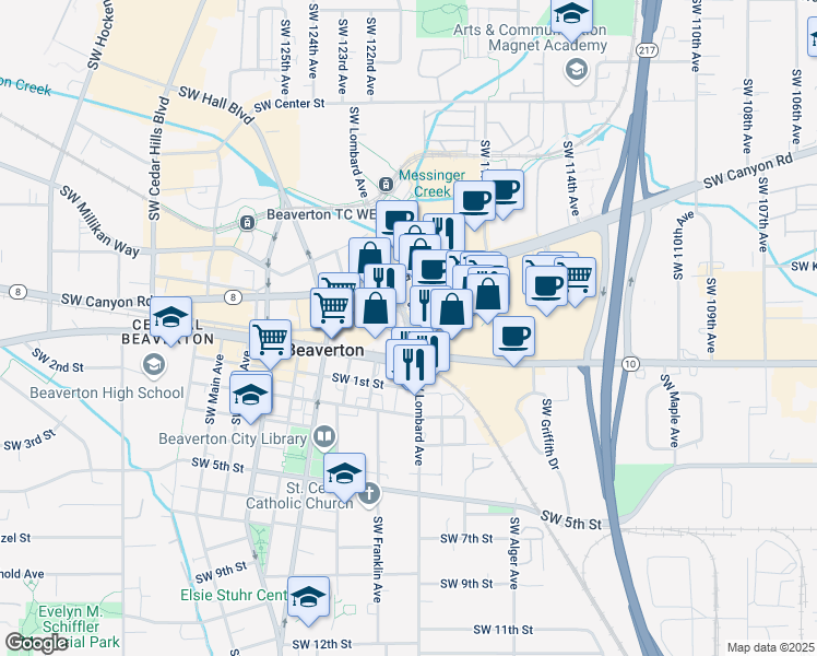 map of restaurants, bars, coffee shops, grocery stores, and more near 4455 Southwest Lombard Avenue in Beaverton