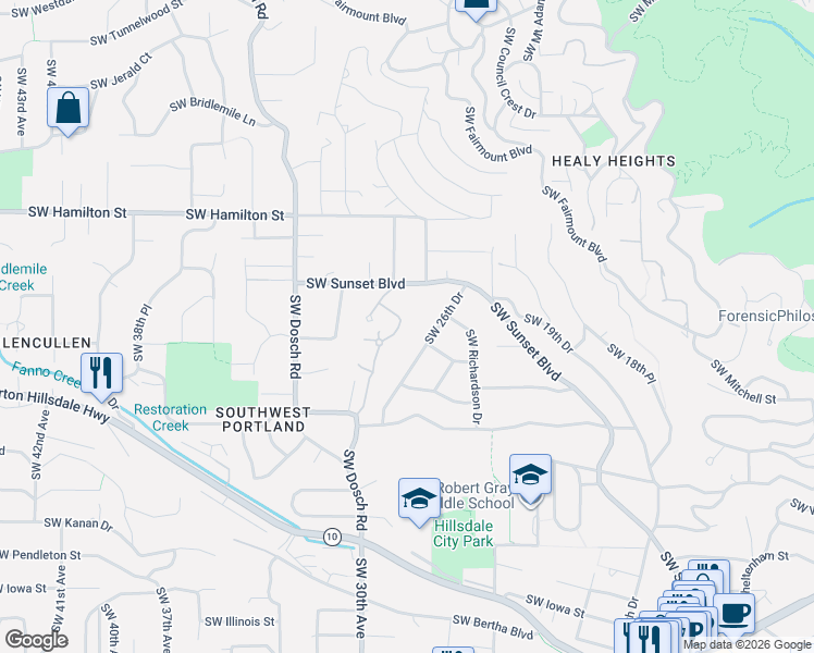 map of restaurants, bars, coffee shops, grocery stores, and more near 4810 Southwest Dosch Park Lane in Portland
