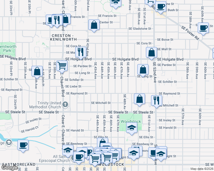 map of restaurants, bars, coffee shops, grocery stores, and more near 4825 Southeast 45th Avenue in Portland