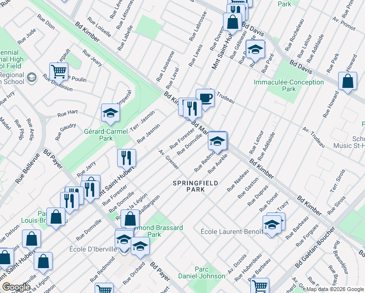 map of restaurants, bars, coffee shops, grocery stores, and more near 4172 Rue Domville in Longueuil