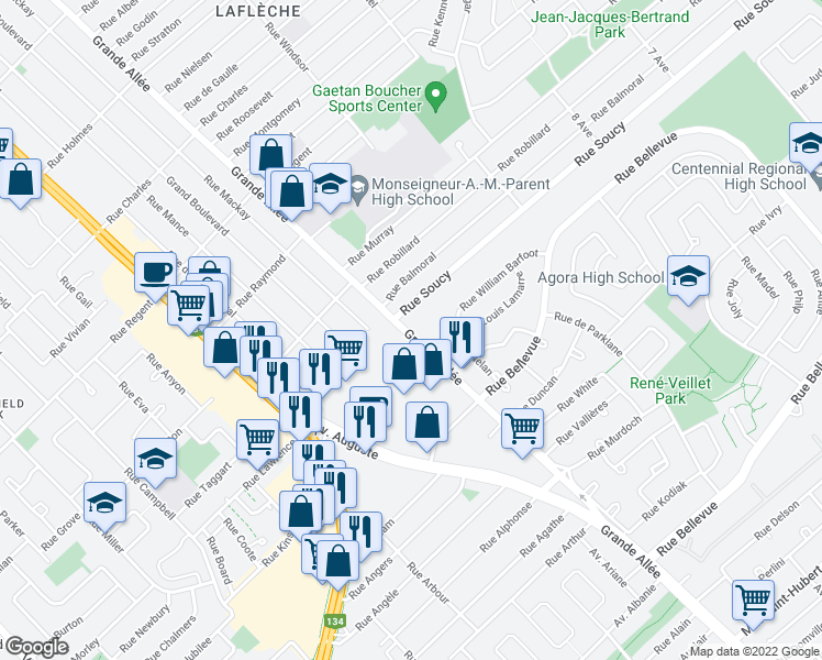 map of restaurants, bars, coffee shops, grocery stores, and more near 4115 Grande Allée in Longueuil