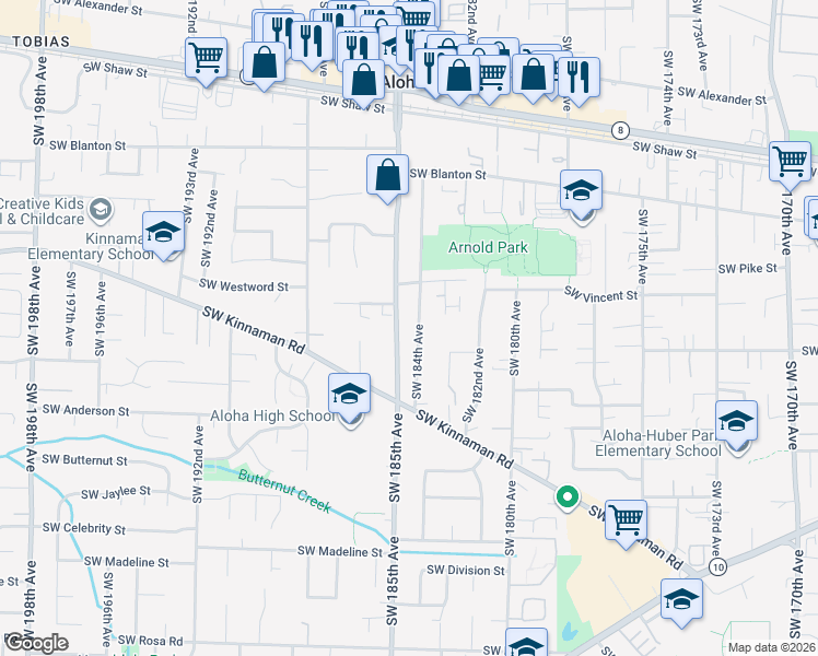 map of restaurants, bars, coffee shops, grocery stores, and more near 4455 Southwest 184th Avenue in Beaverton