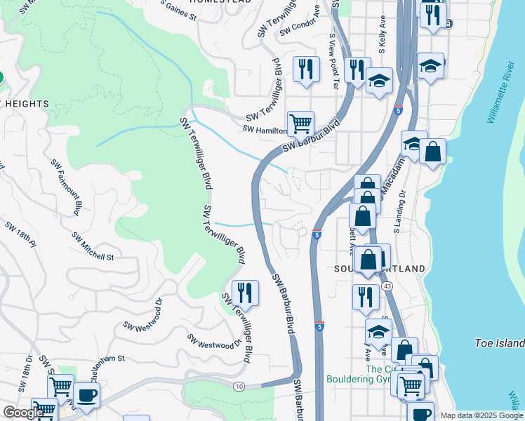 map of restaurants, bars, coffee shops, grocery stores, and more near 4942 Southwest Barbur Boulevard in Portland