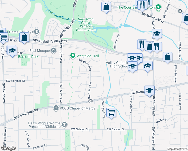 map of restaurants, bars, coffee shops, grocery stores, and more near 4450 Southwest Mueller Drive in Beaverton