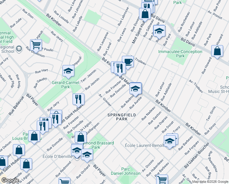 map of restaurants, bars, coffee shops, grocery stores, and more near 4172 Rue Domville in Longueuil